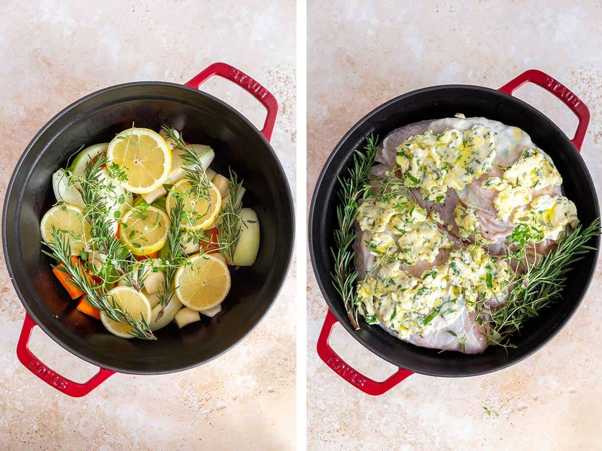 Set of two photos showing lemon slices, garlic cloves, fresh herbs, and turkey added to a dutch oven.