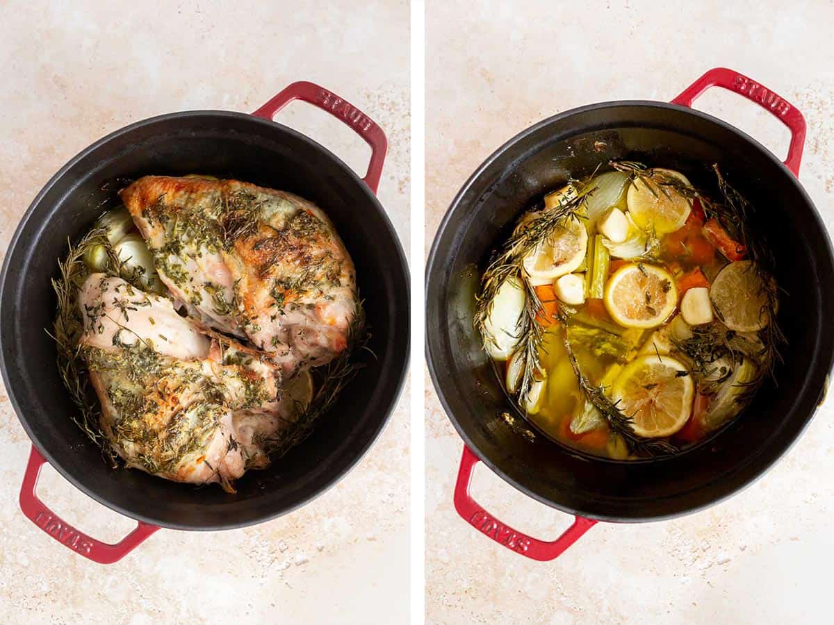 Set of two photos showing dutch oven turkey breasts finished roasting and then removed from the pot.