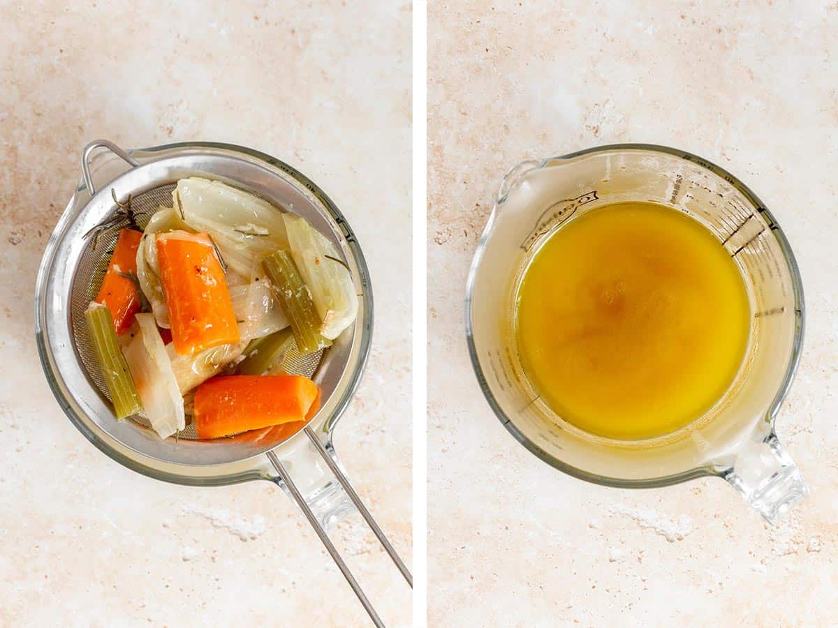 Set of two photos showing turkey drippings strained into a measuring cup.