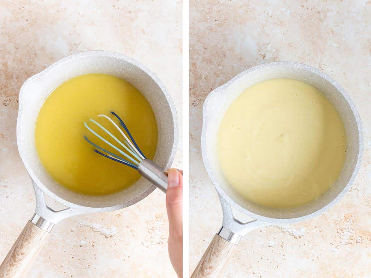 Set of two photos showing gravy being whisked together in a saucepan.