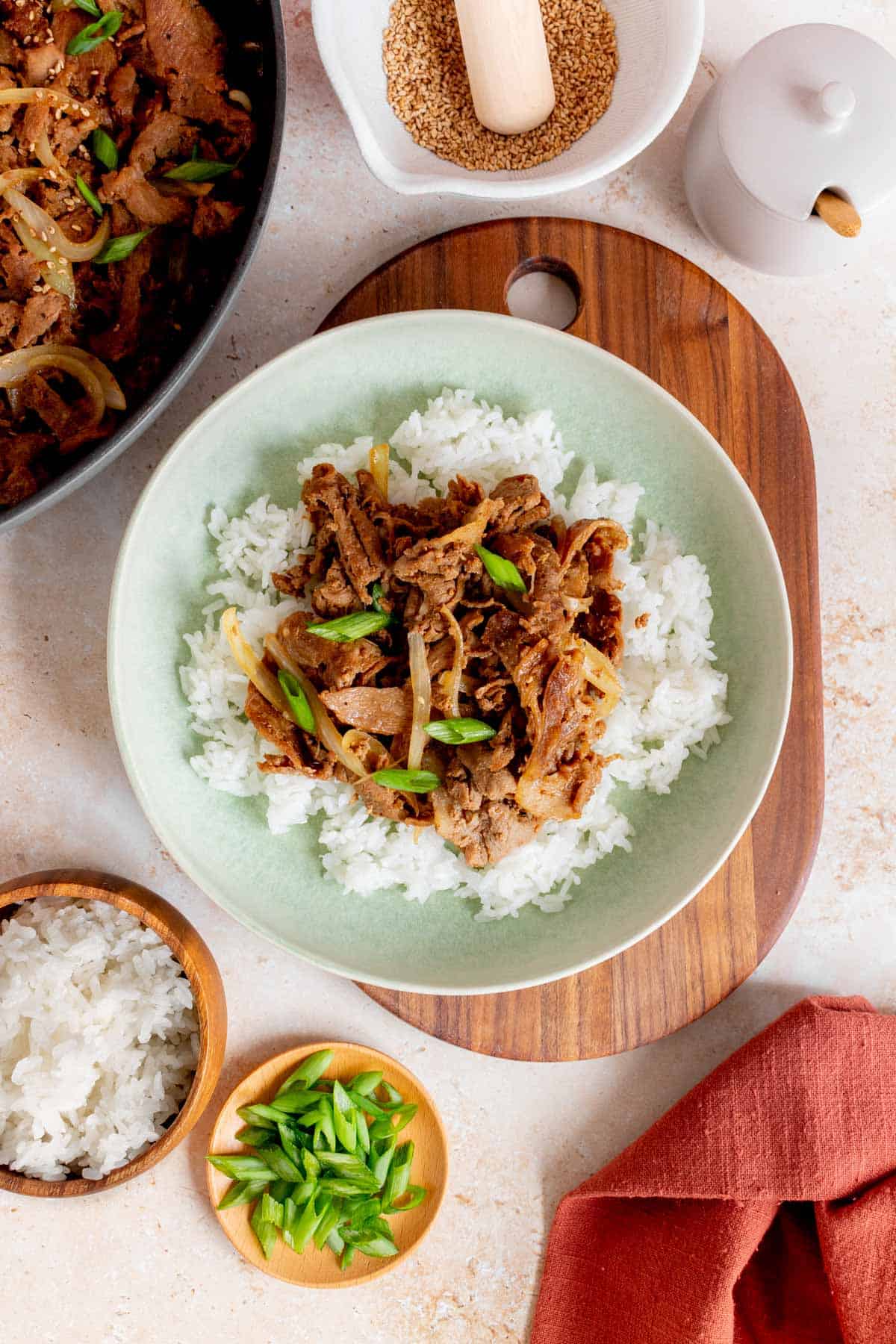 Overhead view of a plate with rice topped with ginger pork.