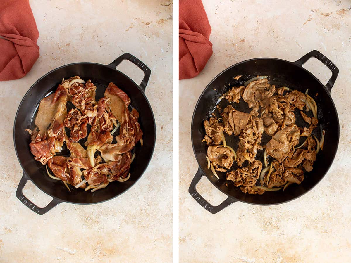 Set of two photos showing marinated sliced pork stir fried in a skillet.