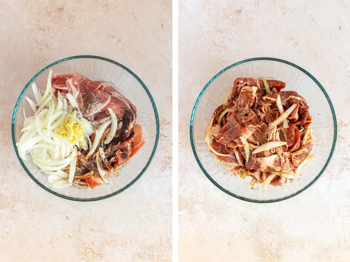 Set of two photos showing sliced pork marinated.