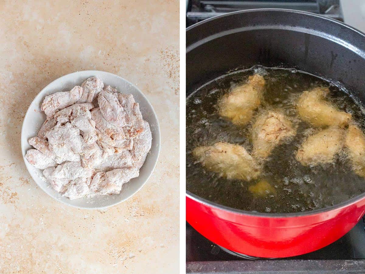Set of two photos showing wings tossed in flour and fried in oil.