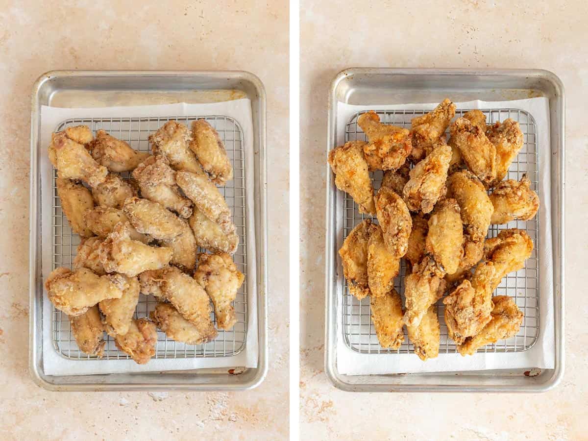 Set of two photos showing the wings before and after double-frying.