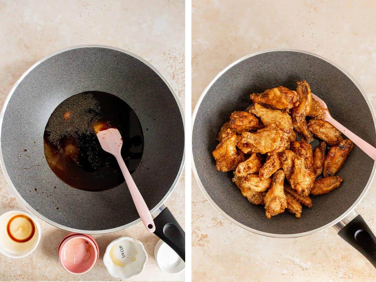 Set of two photos showing sauce mixed in a skillet and fried chicken wings tossed in it.