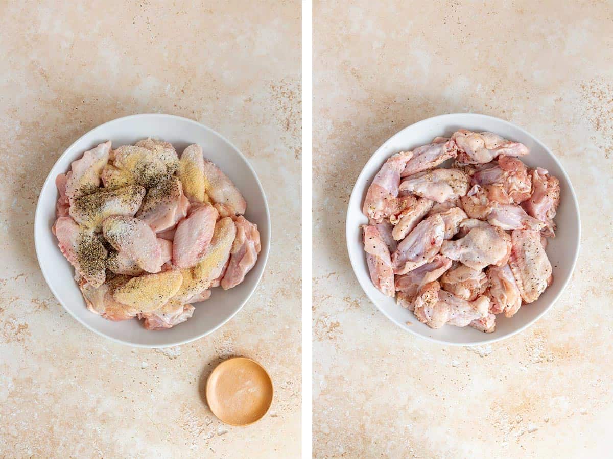 Set of two photos showing meat seasoned.