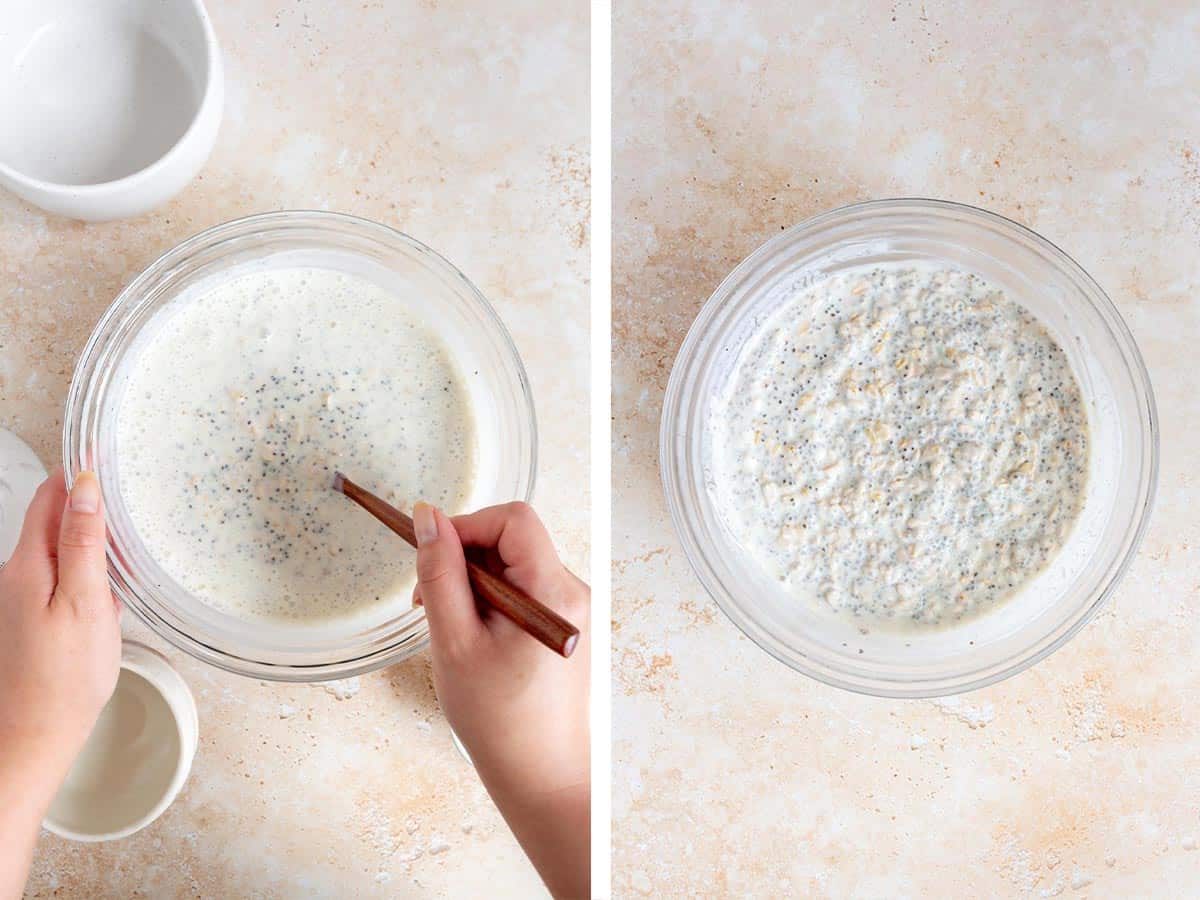 Set of two photos showing mixture mixed together in the bowl and then set in the fridge.
