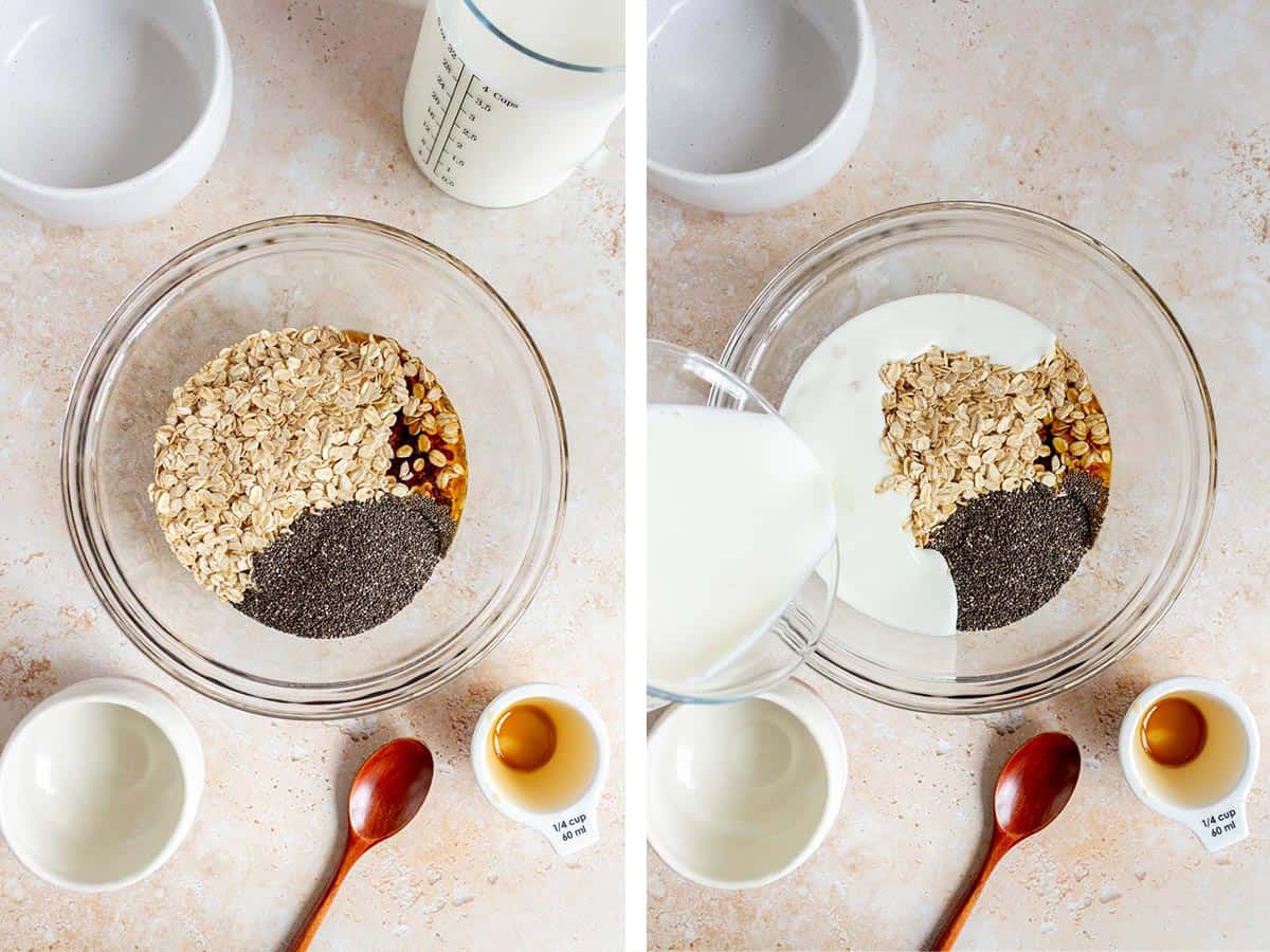 Set of two photos showing ingredients added to a bowl.