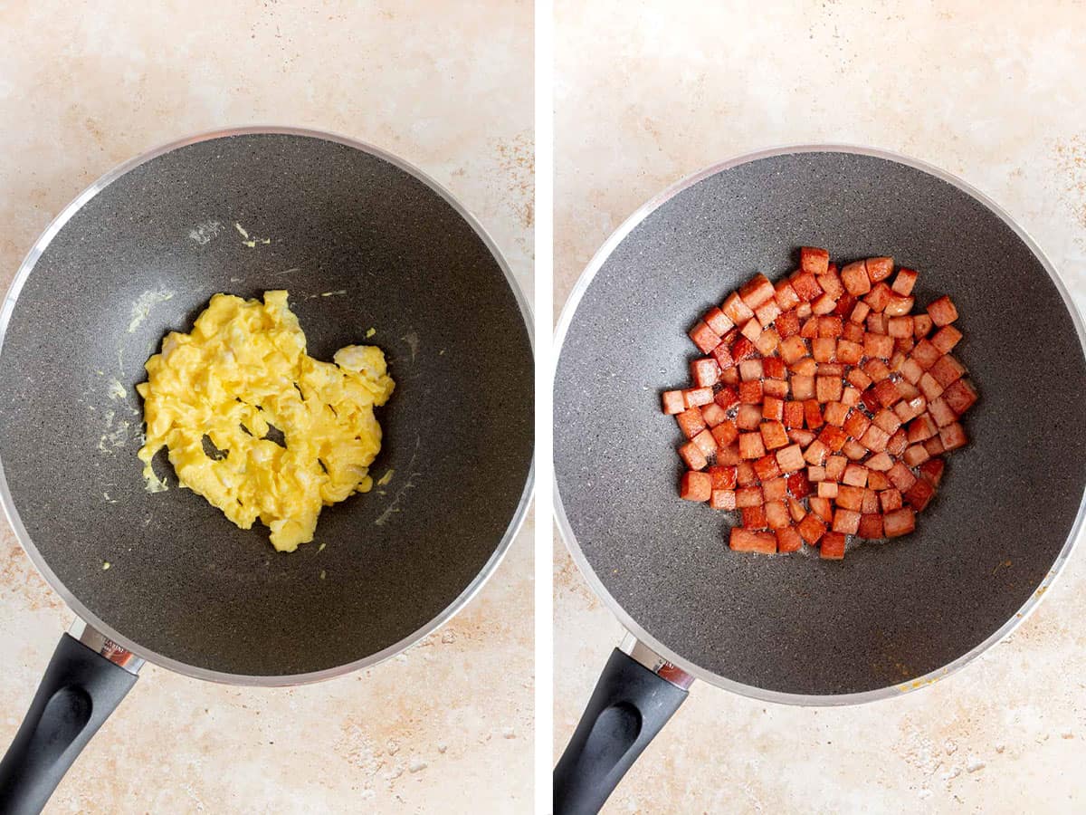 Set of two photos showing cooked scrambled eggs in a skillet then removed to cook cubed spam.