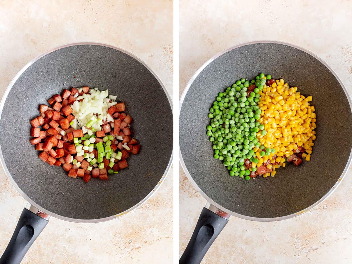 Set of two photos showing onions, green onions, peas, and corn added to the skillet.