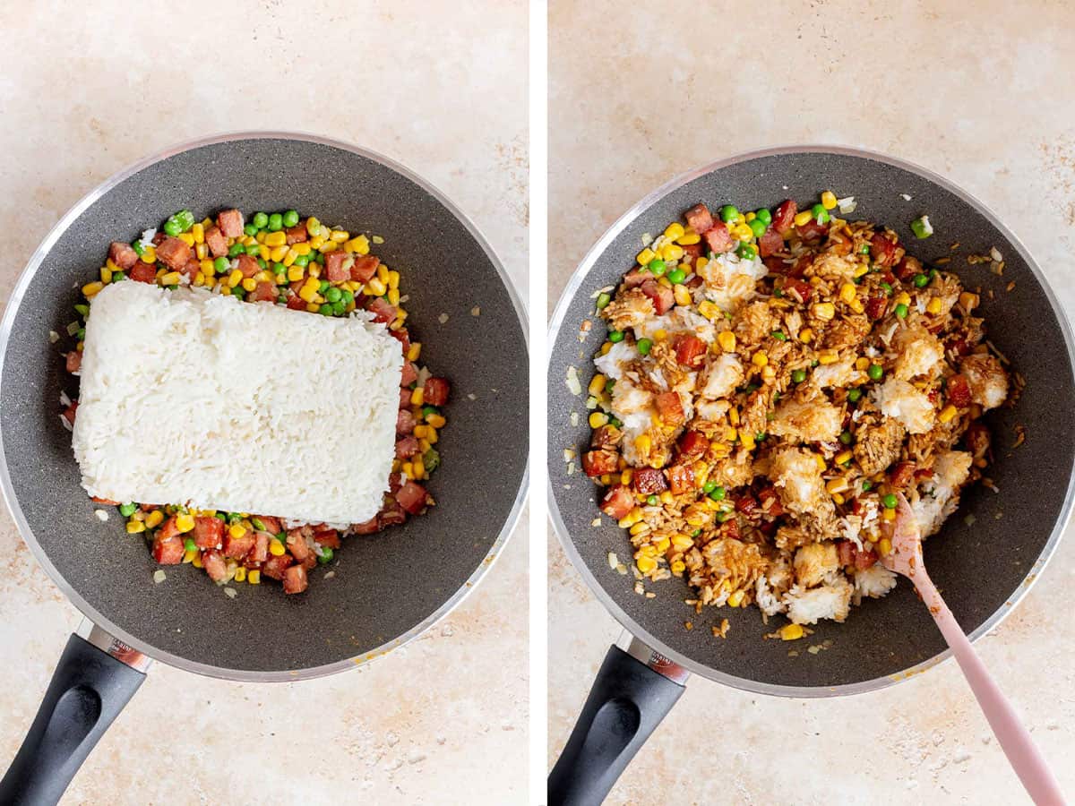 Set of two photos showing rice and sauce added to the skillet.