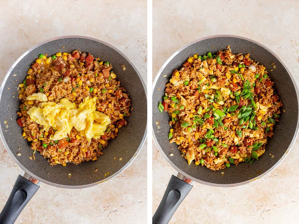Set of two photos showing scrambled eggs and garnishes added to the skillet.