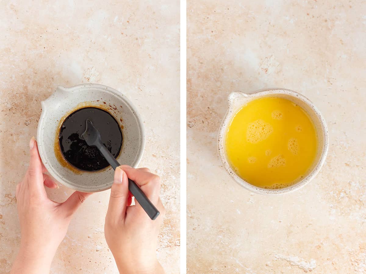 Set of two photos showing sauce mixed in a bowl and eggs whisked in a bowl.