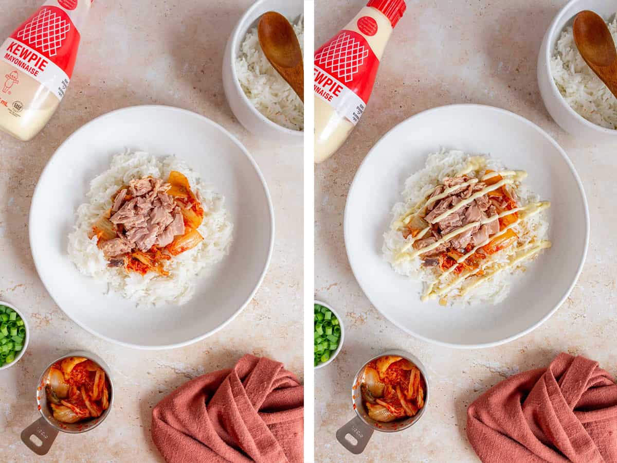 Set of two photos showing tuna and mayo added to the plate.