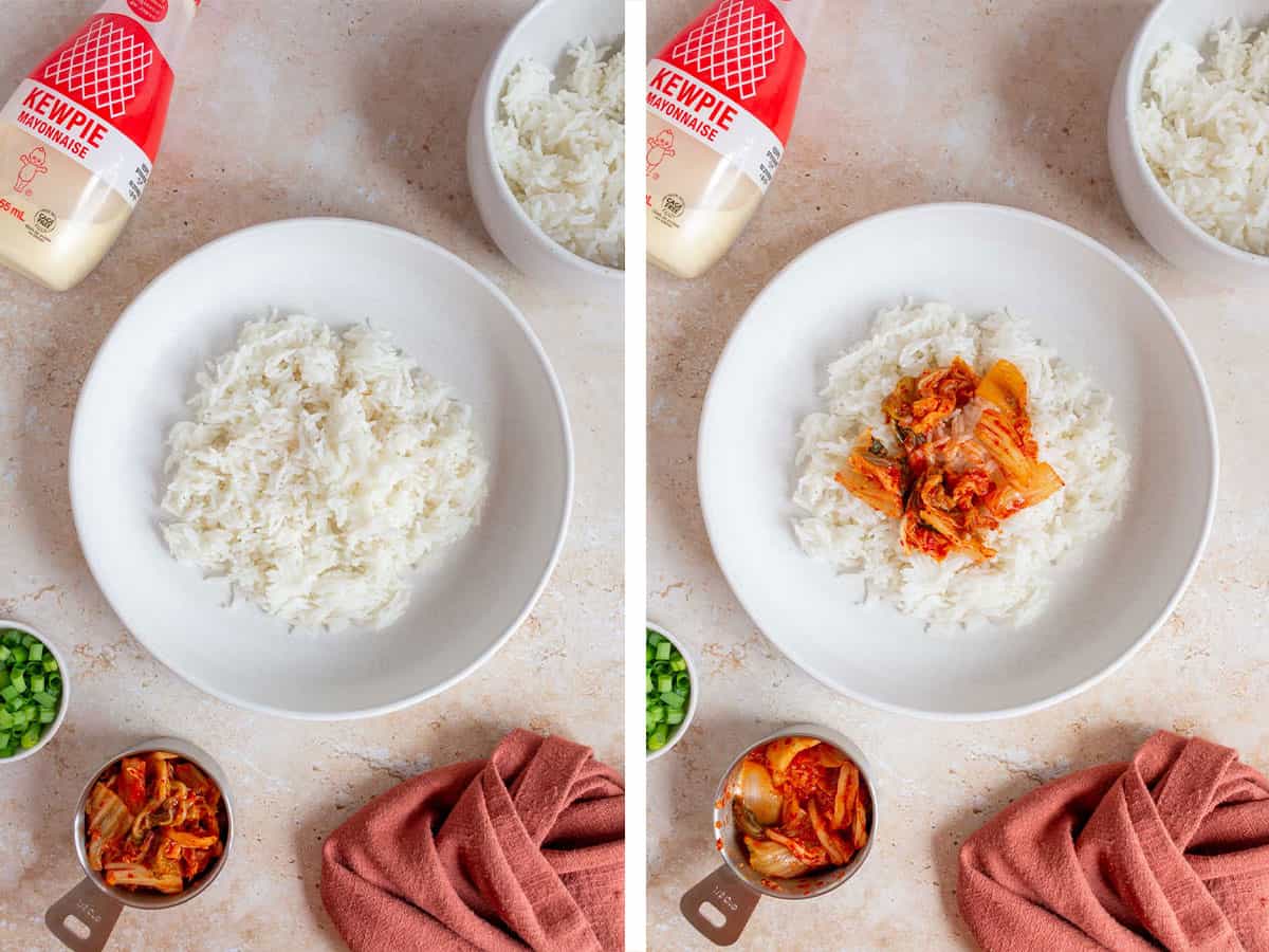 Set of two photos showing rice and kimchi added to the plate.