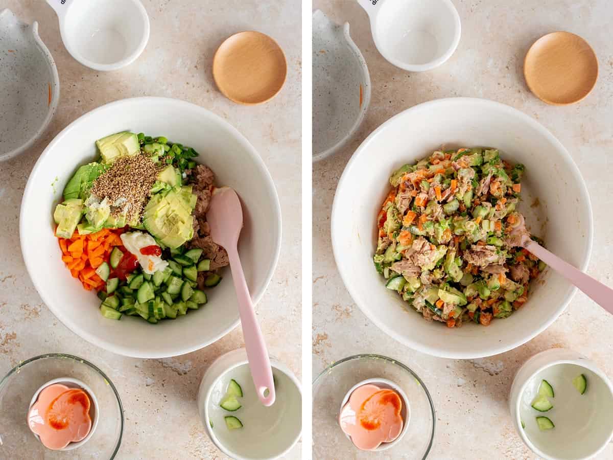 Set of two photos showing cucumbers, carrots, avocado, tuna, mayo, sriracha, sesame seeds, and green onions added to a bowl and mixed.