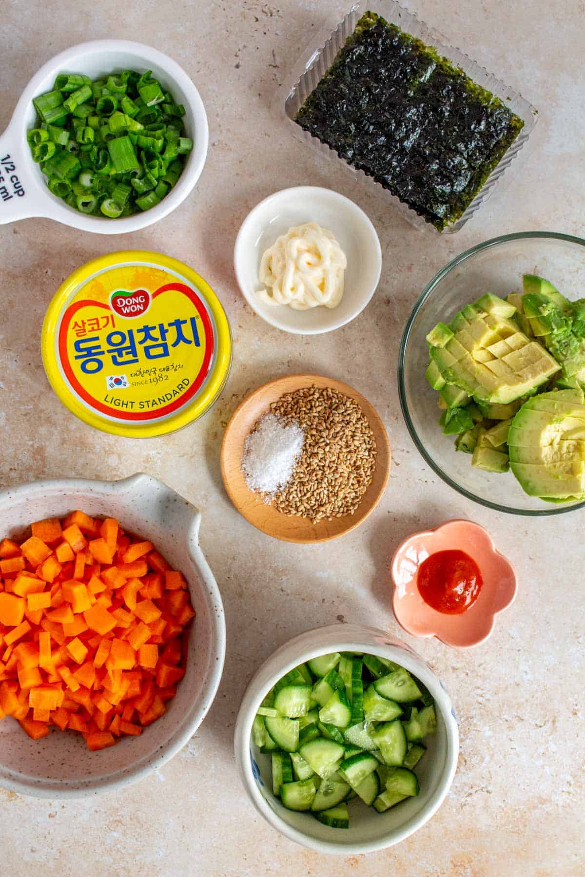 Ingredients needed to make tuna seaweed snack bites.