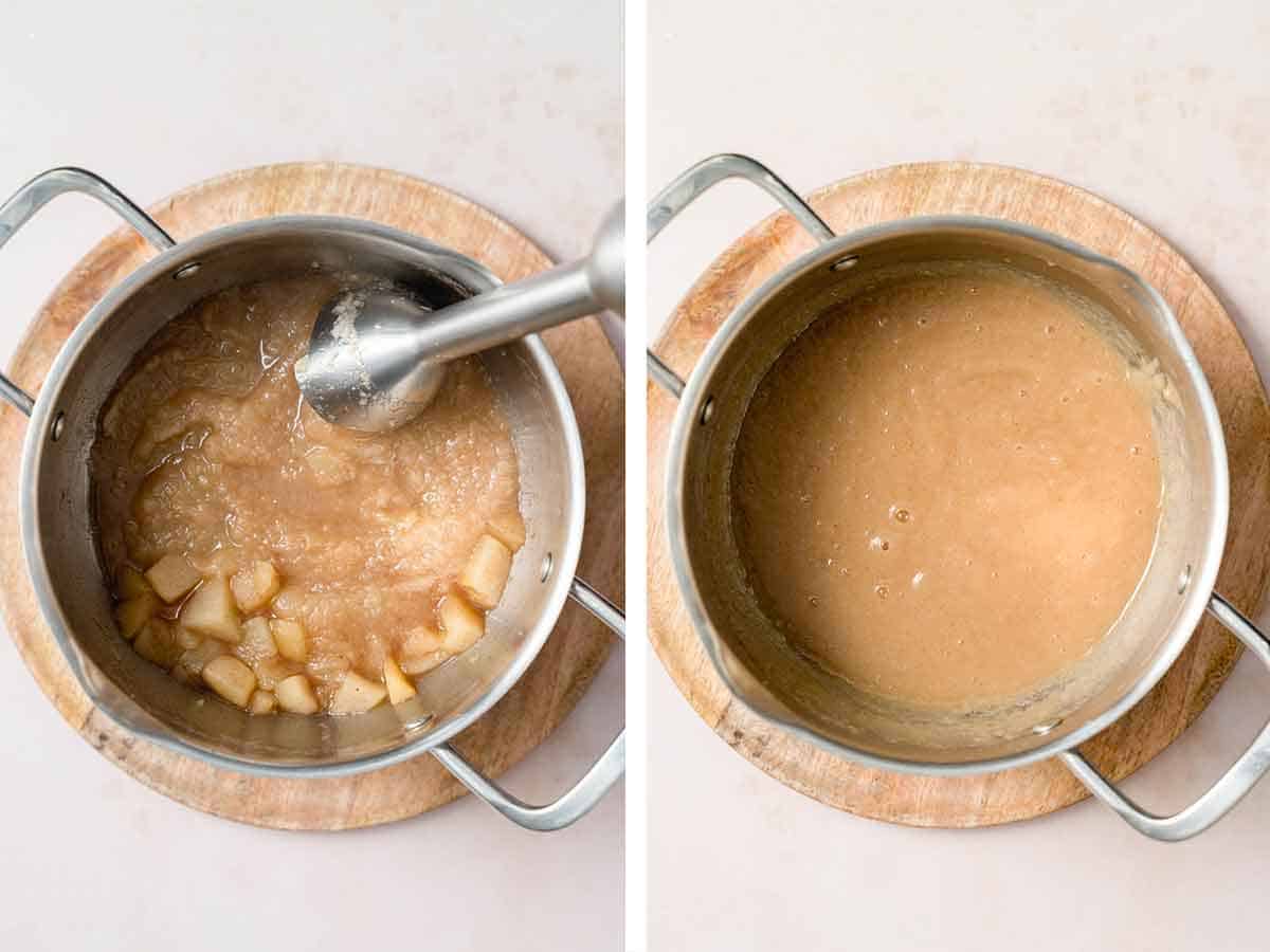 Set of two photos showing cooked apples belted in a pot.