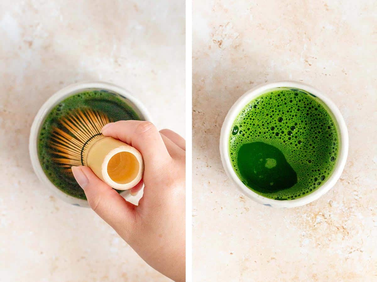 Set of two photos showing matcha whisked in a bowl.