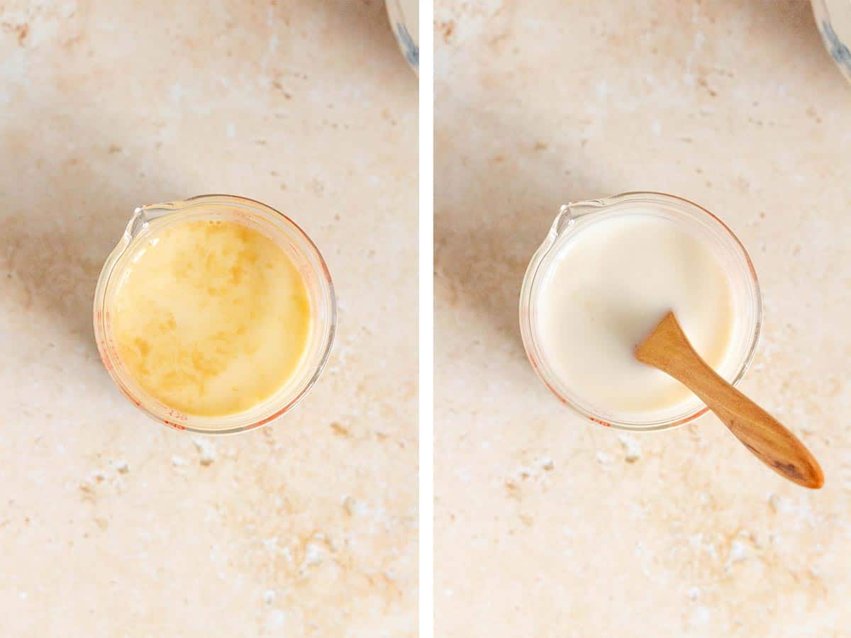 Set of two photos showing milk, vanilla, and syrup mixed.