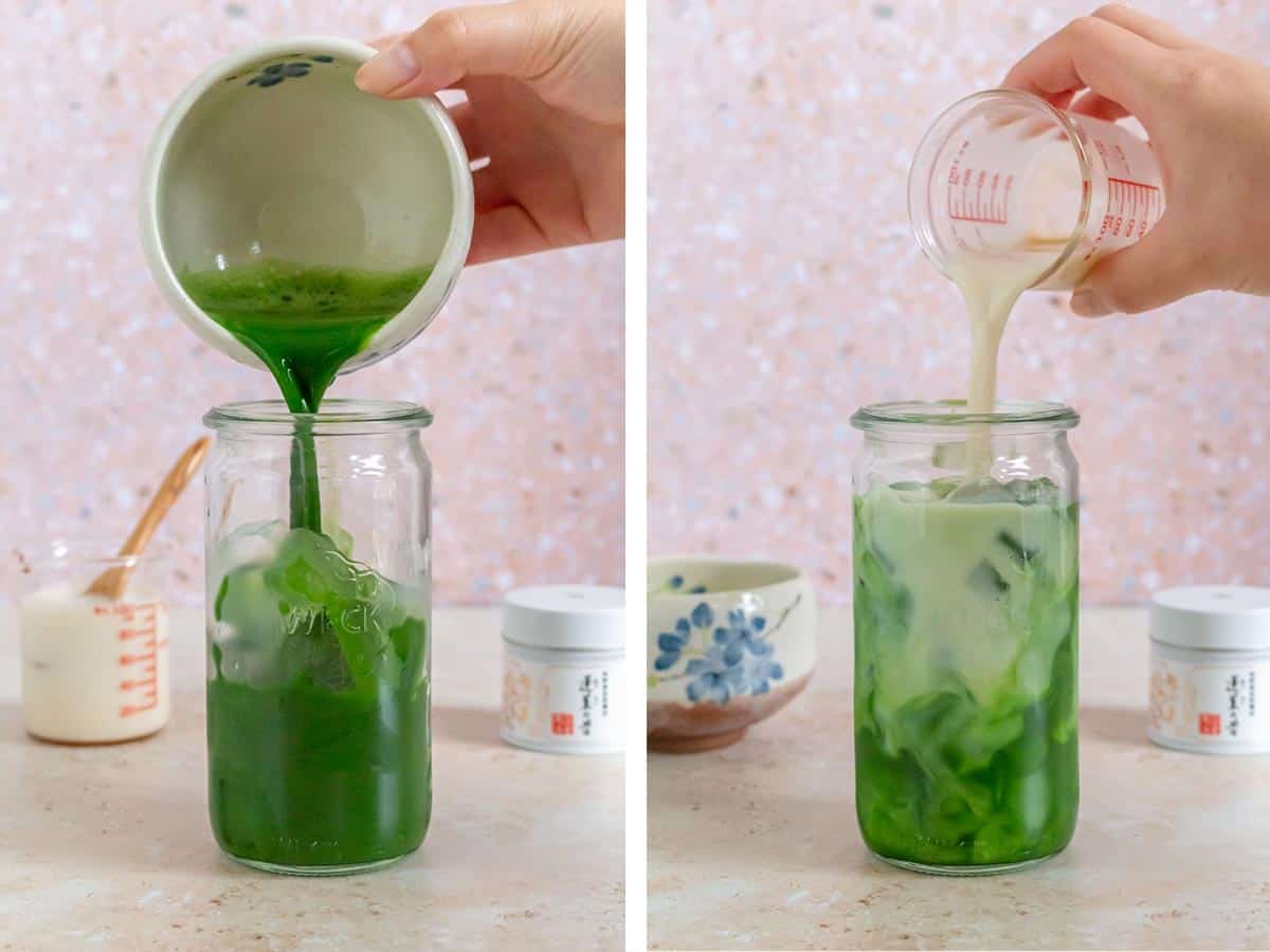 Set of two photos showing matcha added to a glass of ice and topped off with sweetened milk.