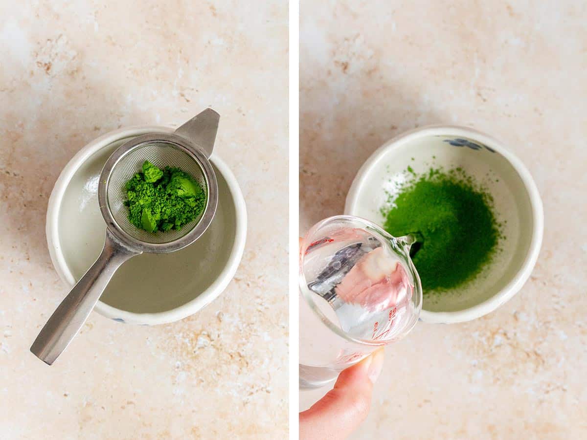 Set of two photos showing matcha powder sifted into the bowl and water added.