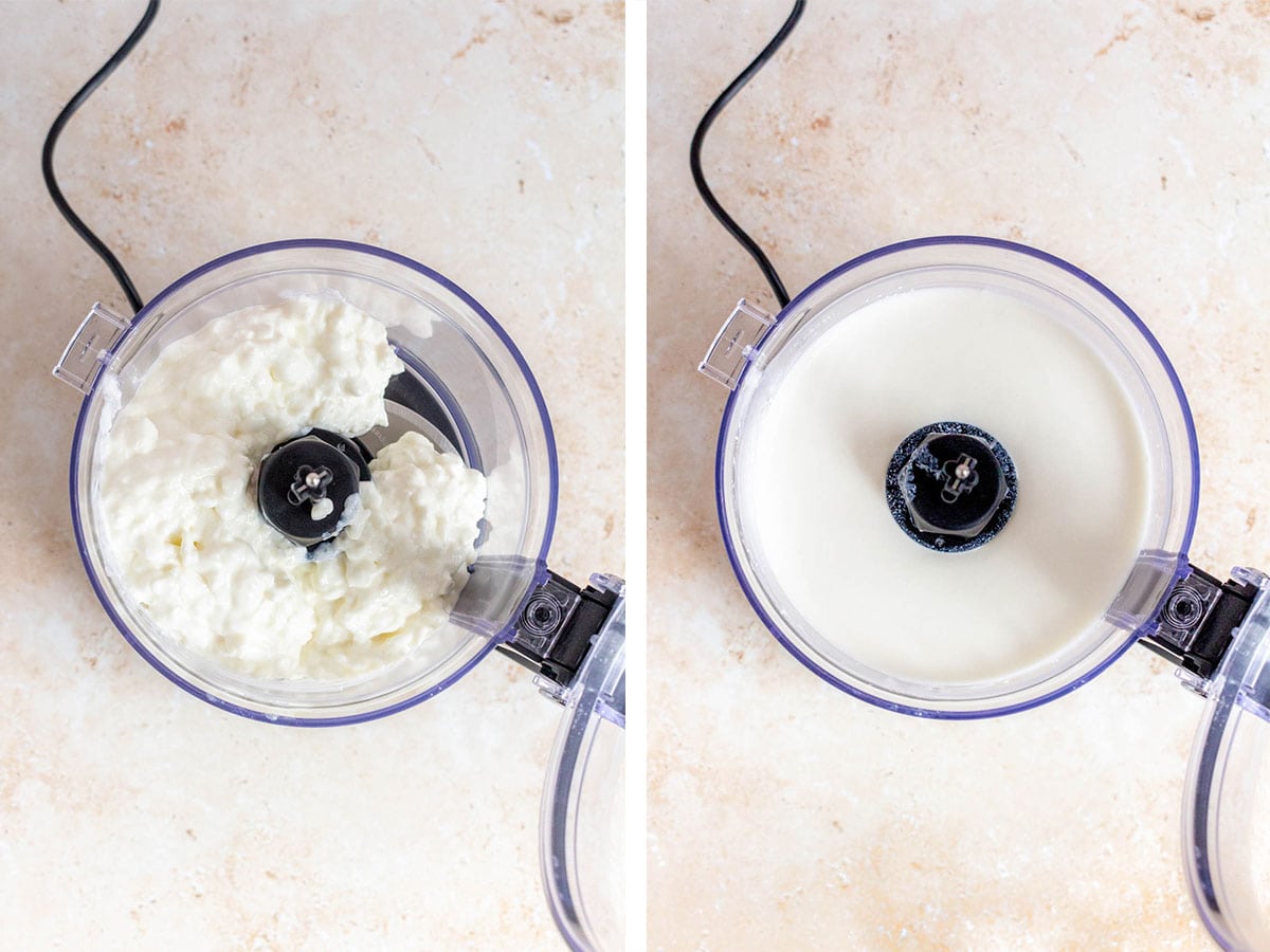 Set of two photos showing cottage cheese in a food processor and blended until smooth.