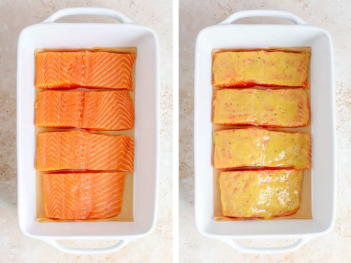 Before and after sauce is spread over four fillets in a baking dish.