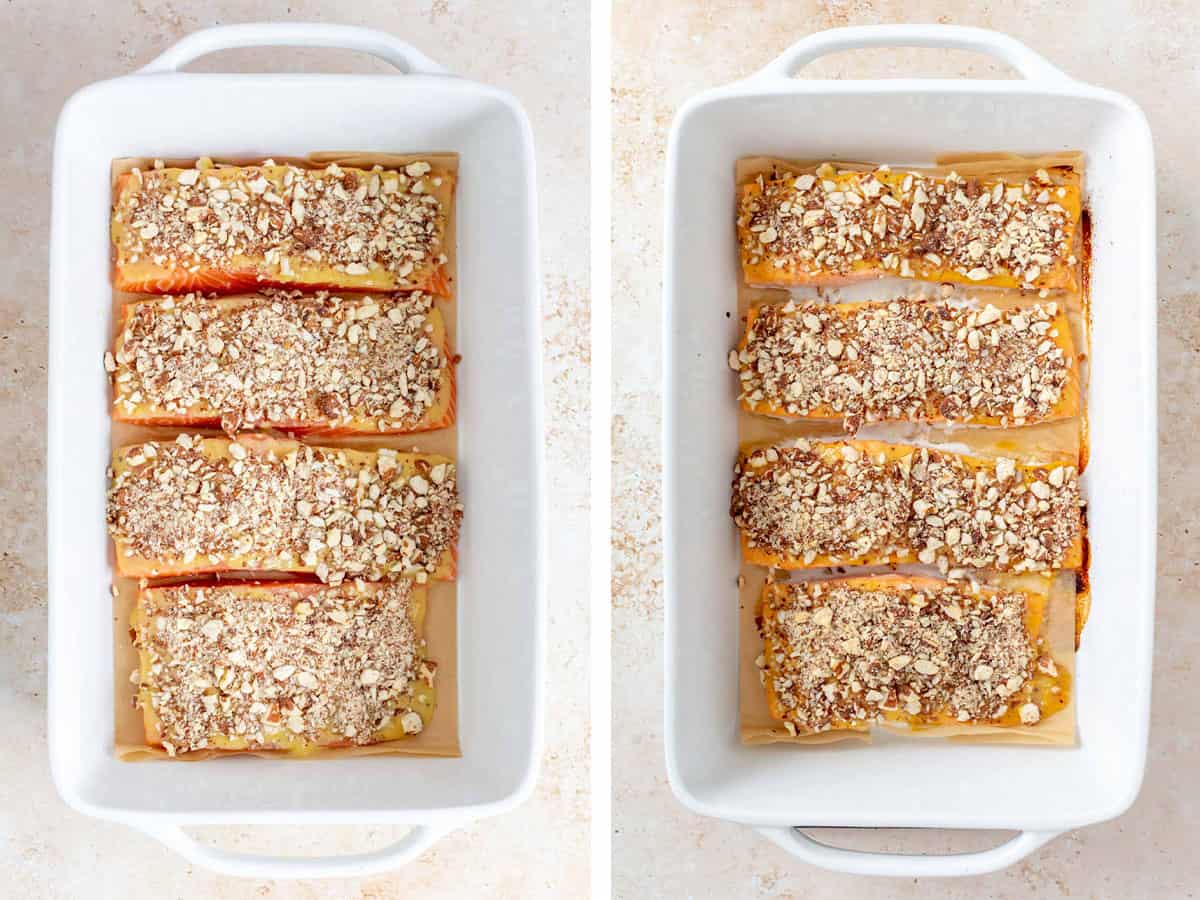 Before and after almond crusted salmon is baked in a baking dish.