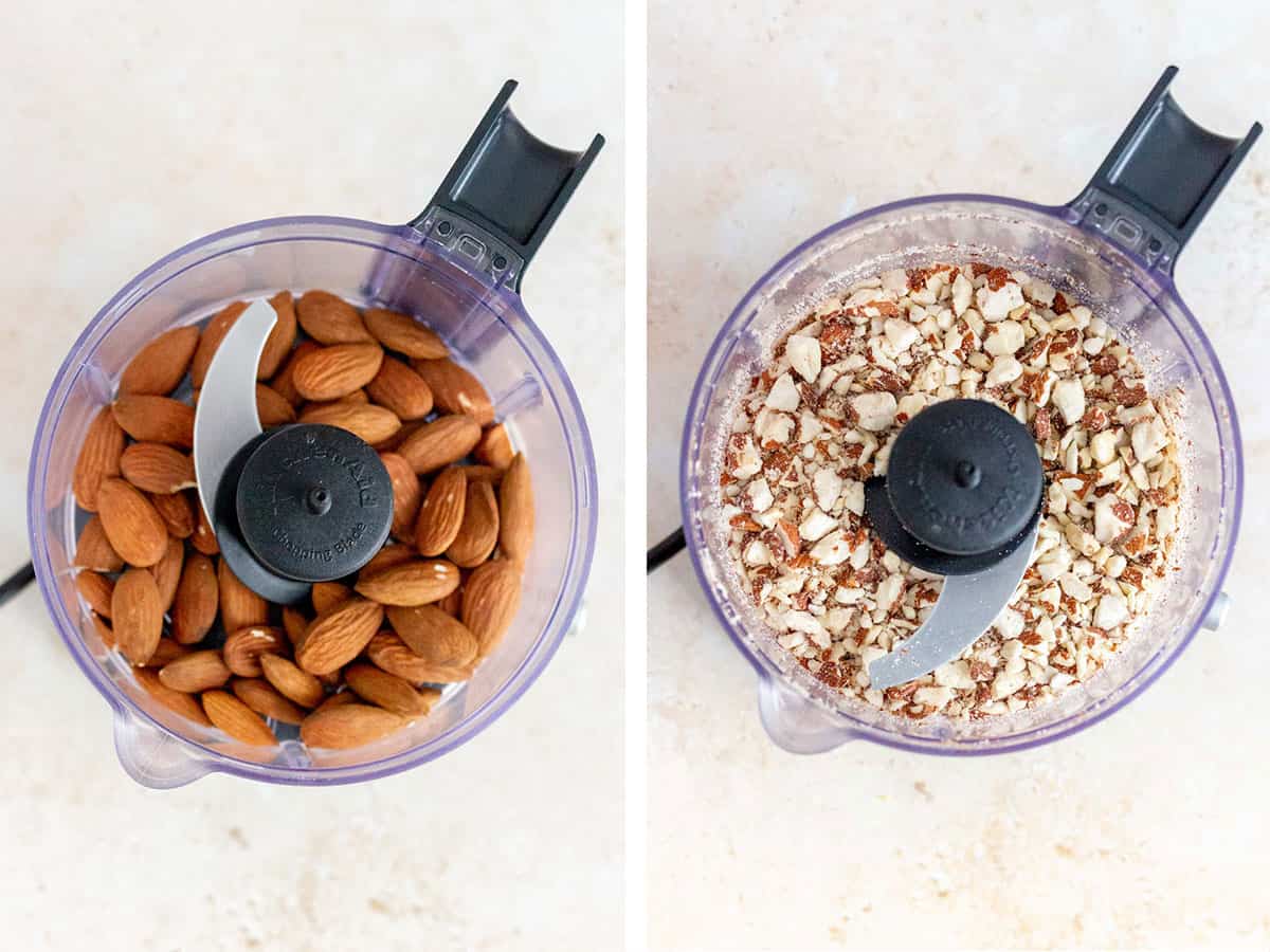 Set of two photos showing almonds in a food processor before and after blending.