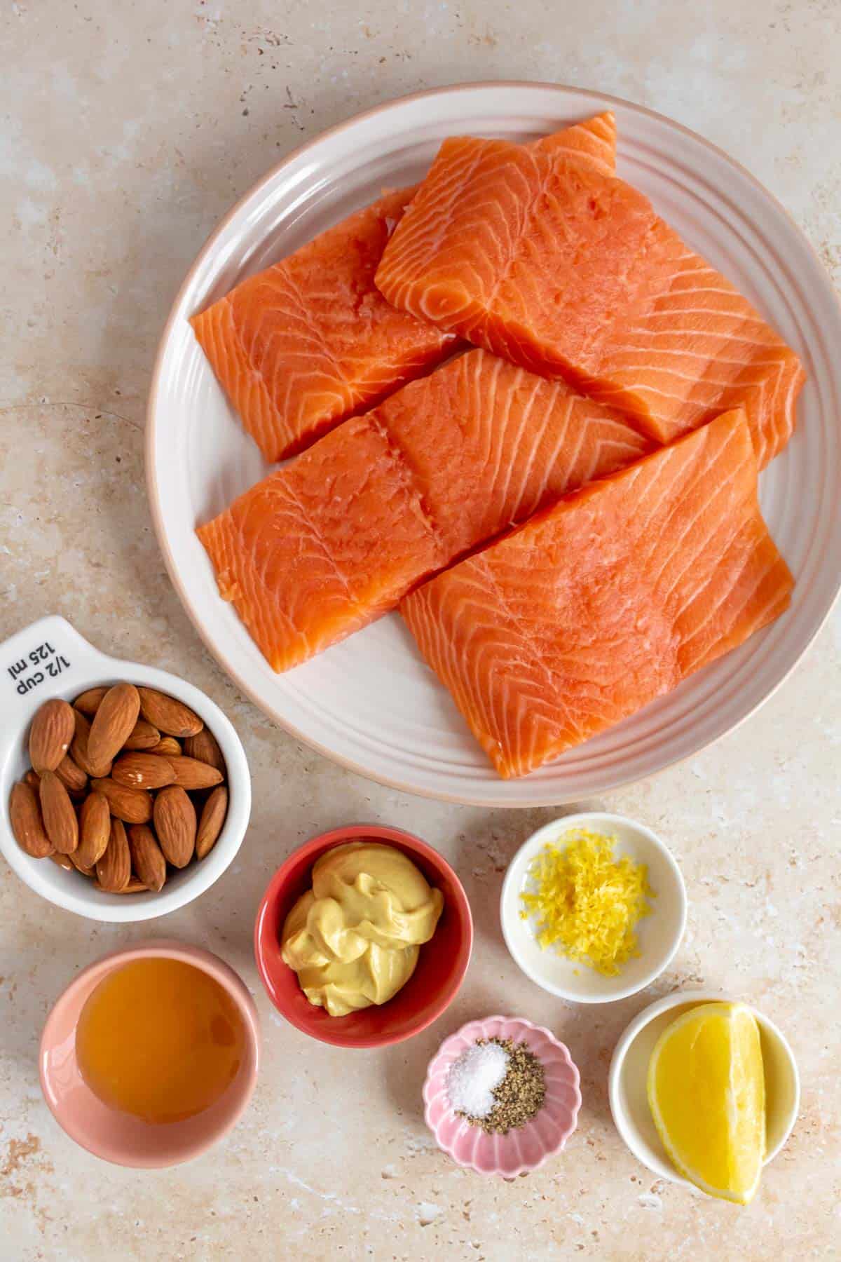 Ingredients needed to make almond crusted salmon.