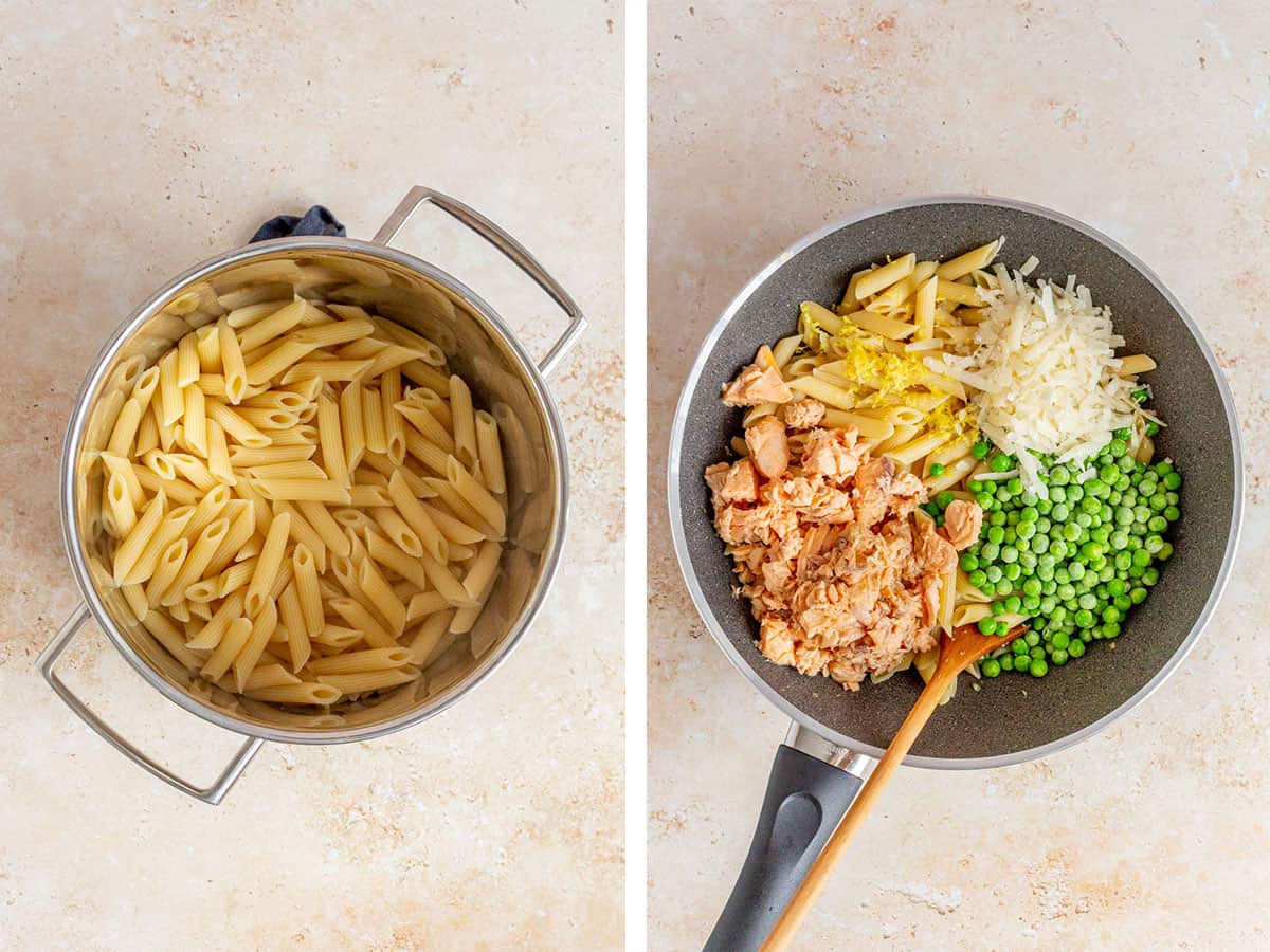 Set of two photos showing pasta cooked and drained and all the components added to the skillet of spinach.