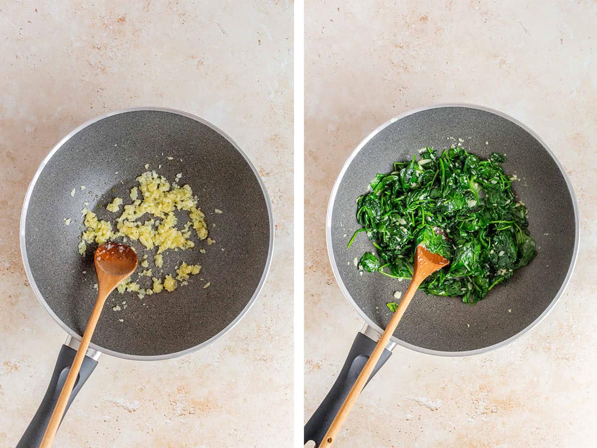 Set of two photos showing garlic and spinach cooked in a skillet.