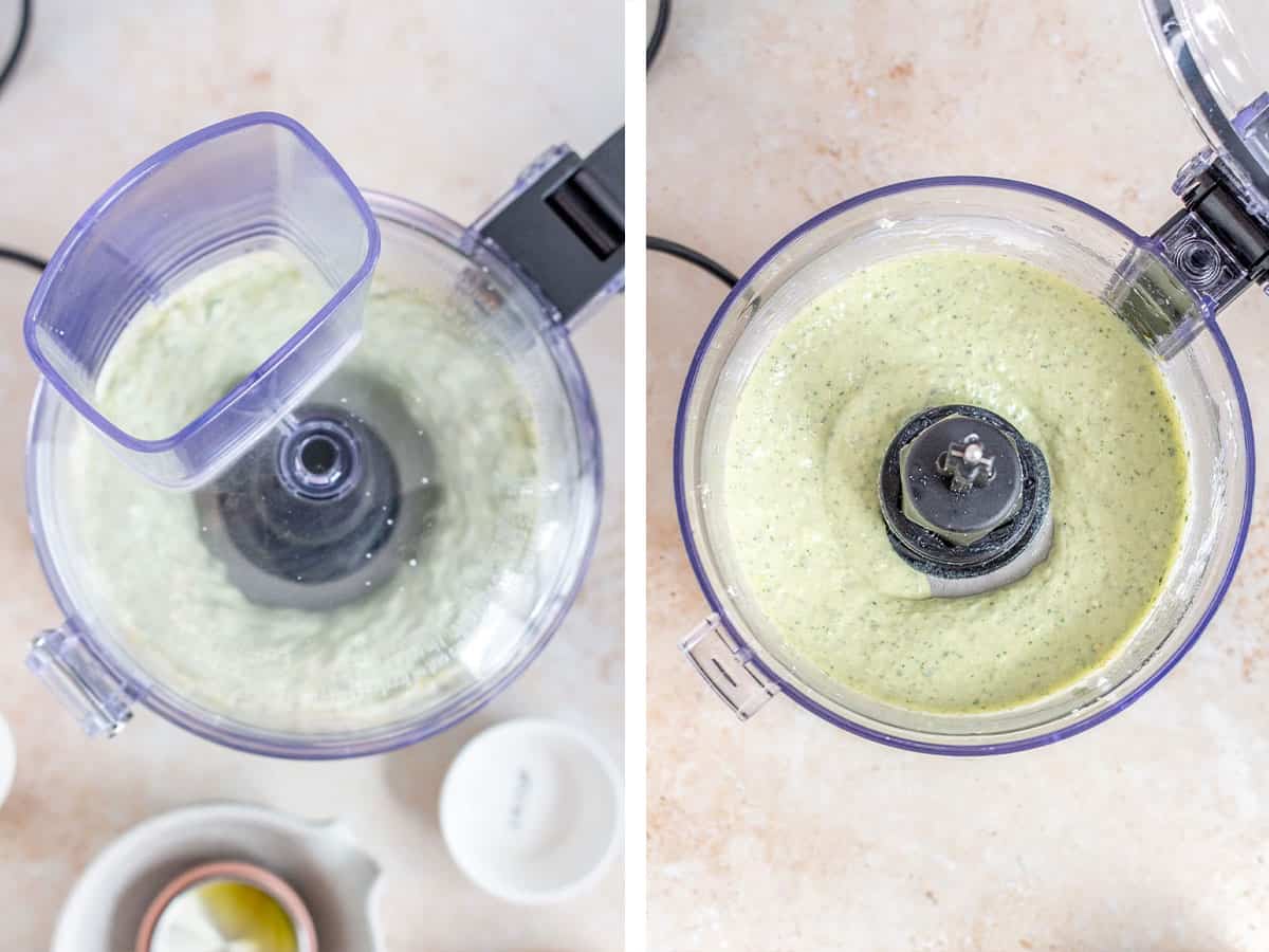 Set of two photos showing the ingredients blended in a food processor.