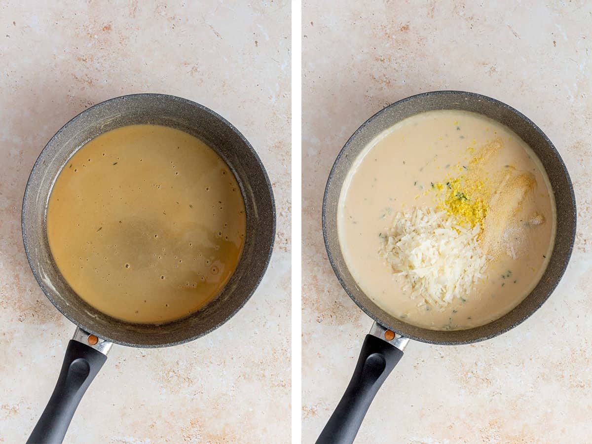 Set of two photos showing roux and sauce created in a skillet.