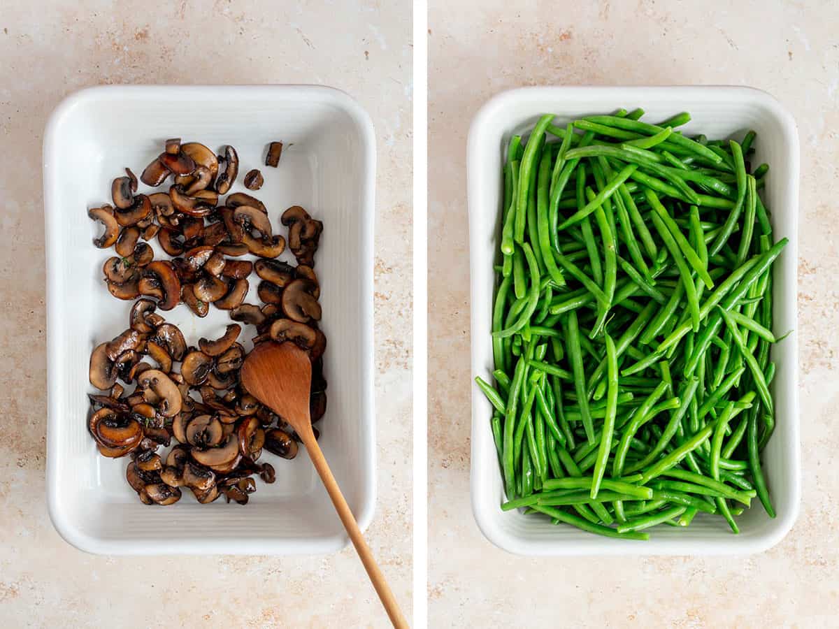 Set of two photos showing mushrooms and green beans added to a casserole dish.
