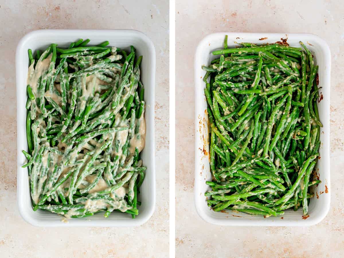 Set of two photos showing before and after green bean casserole baked.