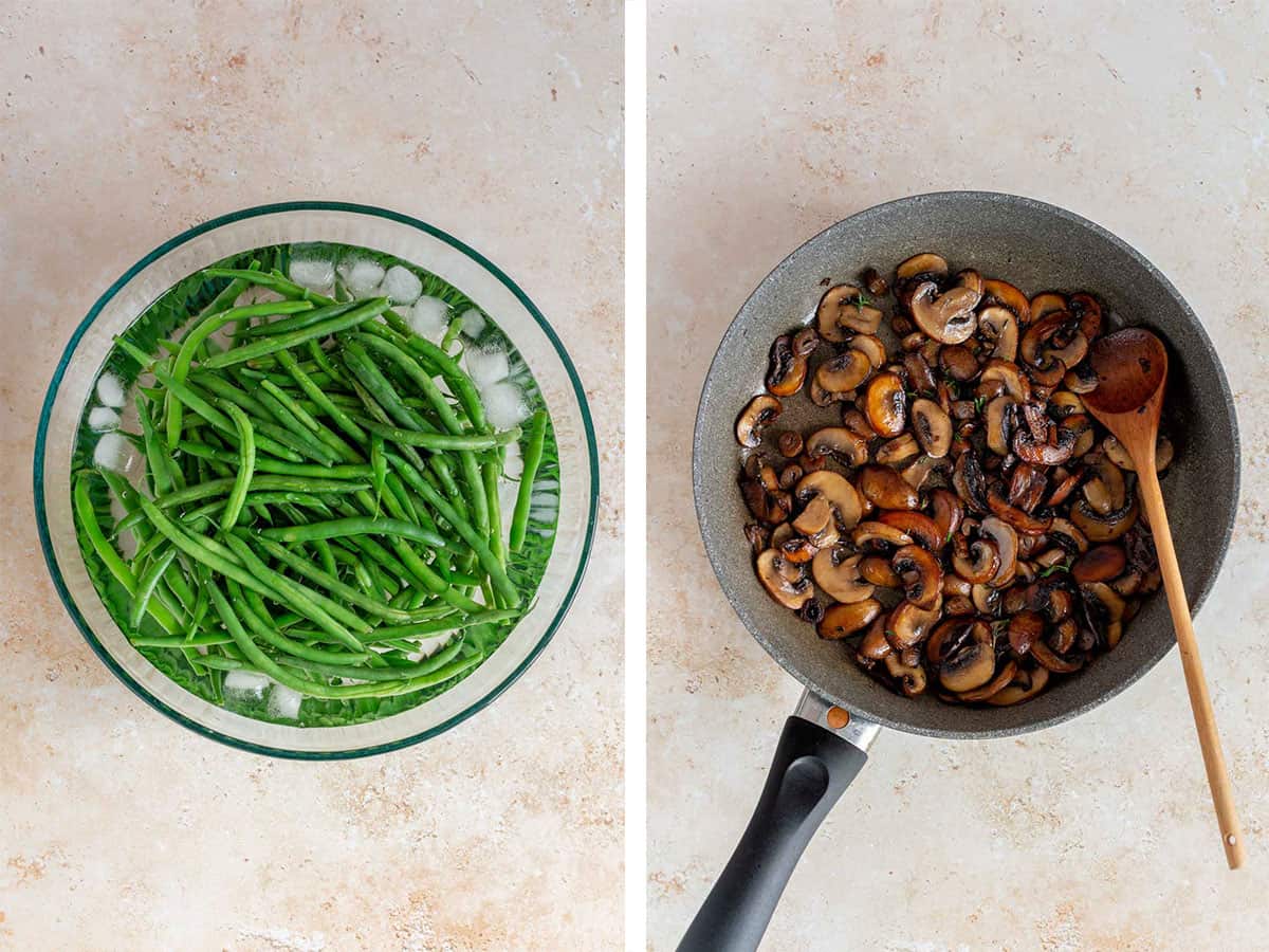 Set of two photos showing blanced green beans added to ice water and mushrooms cooked in a skillet.