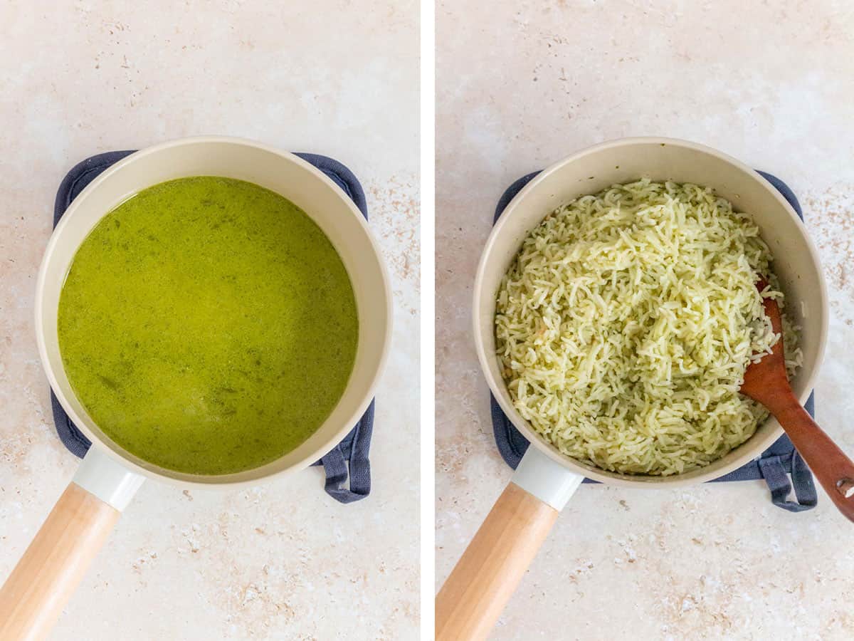 Set of two photos showing liquid added to the pot and rice cooked.
