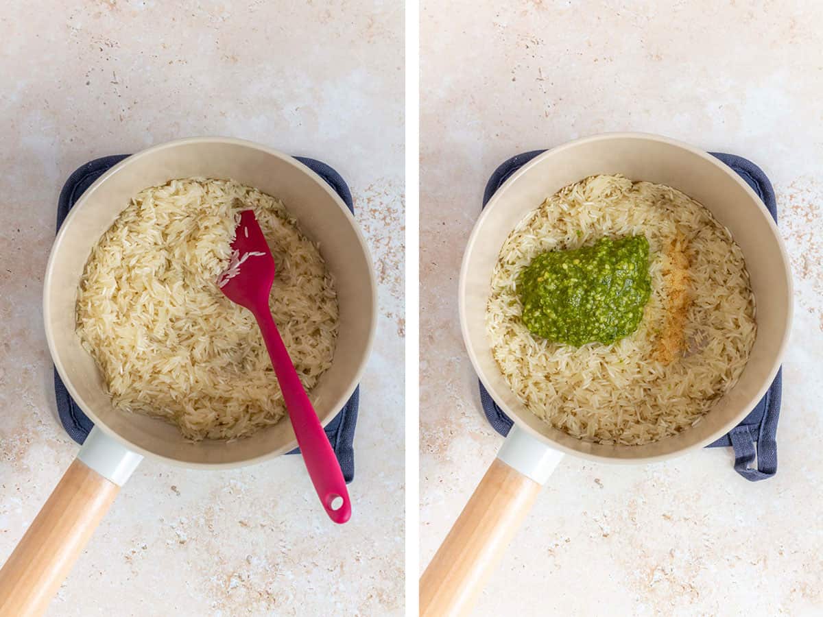 Set of two photos showing rice toasted in butter then pesto and garlic powder added.