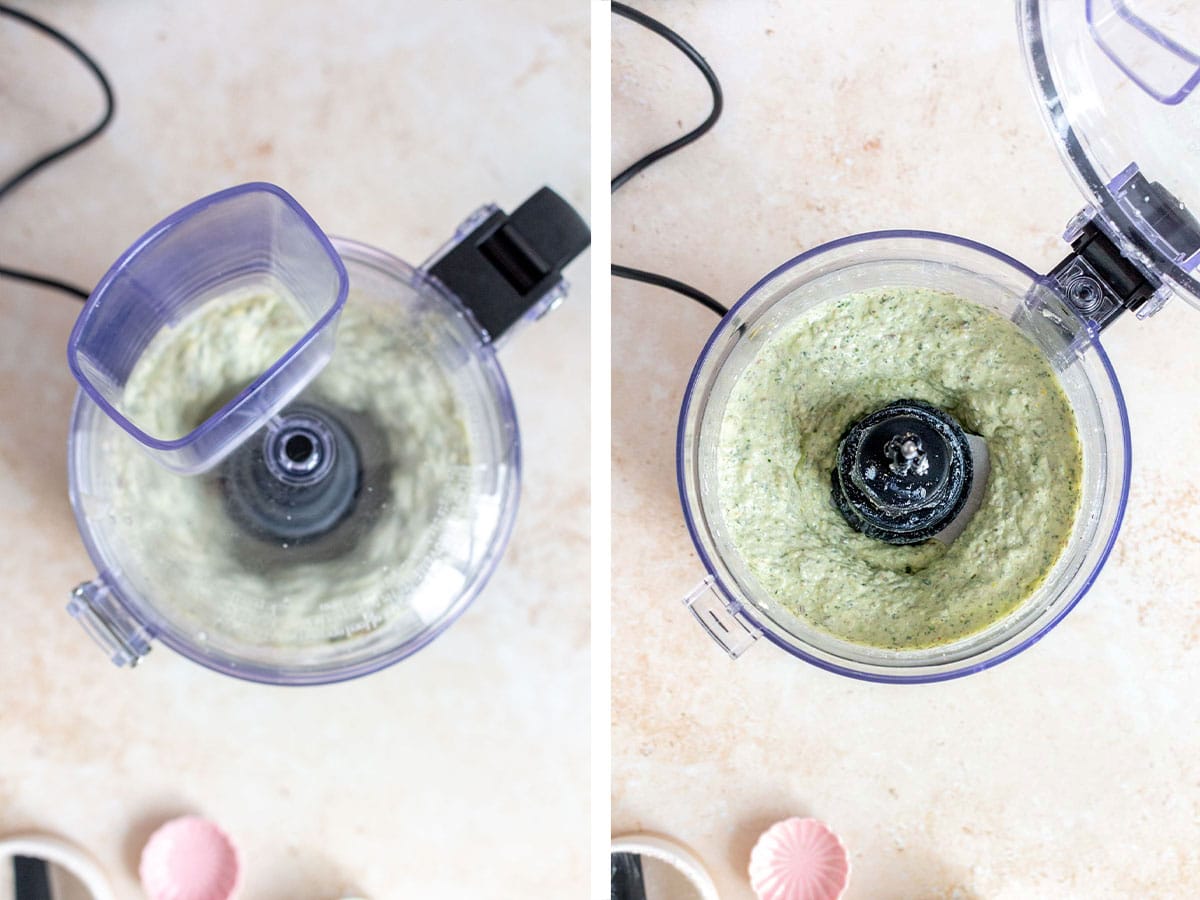 Set of two photos showing ricotta pesto blending in the food processor then the final results.