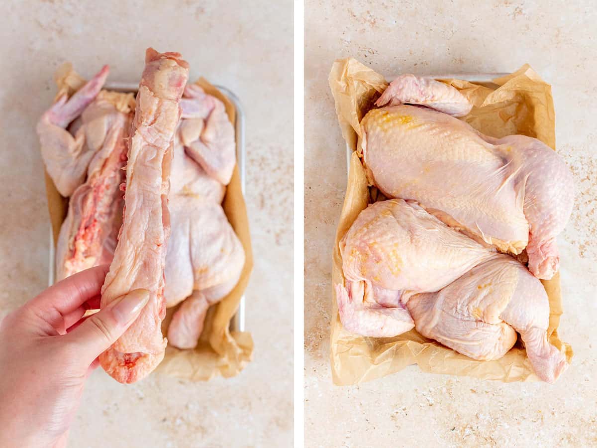 Set of two photos showing the backbone of a raw chicken cut out then the chicken cut in half.