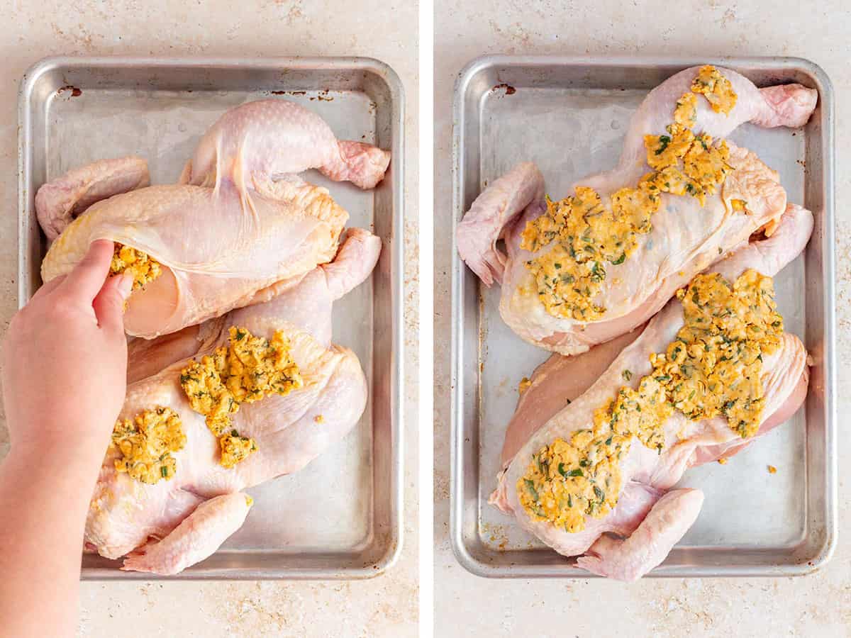 Set of two photos showing the butter mixture added under the chicken skin and the rest spread on top of the chicken.