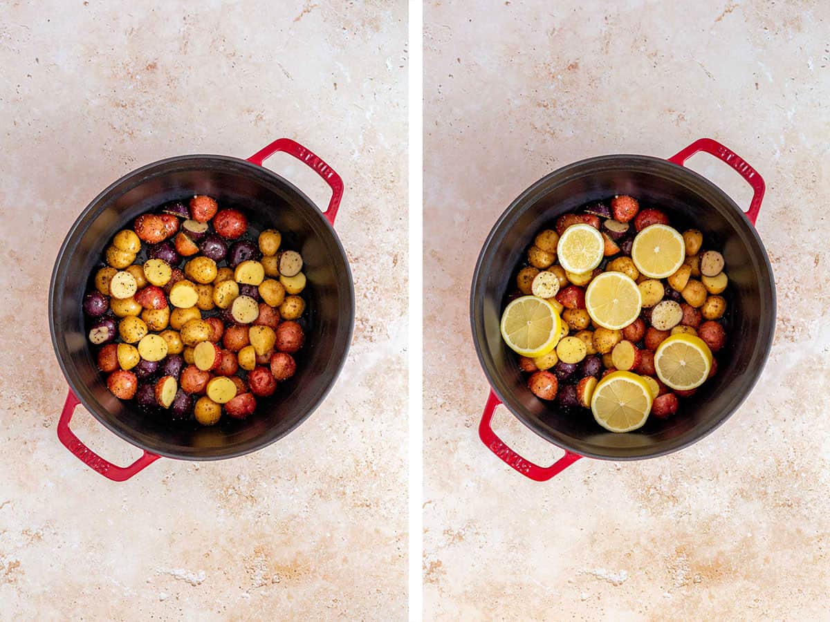 Set of two photos showing seasoned potatoes added to a dutch oven and lemon slices placed on top.