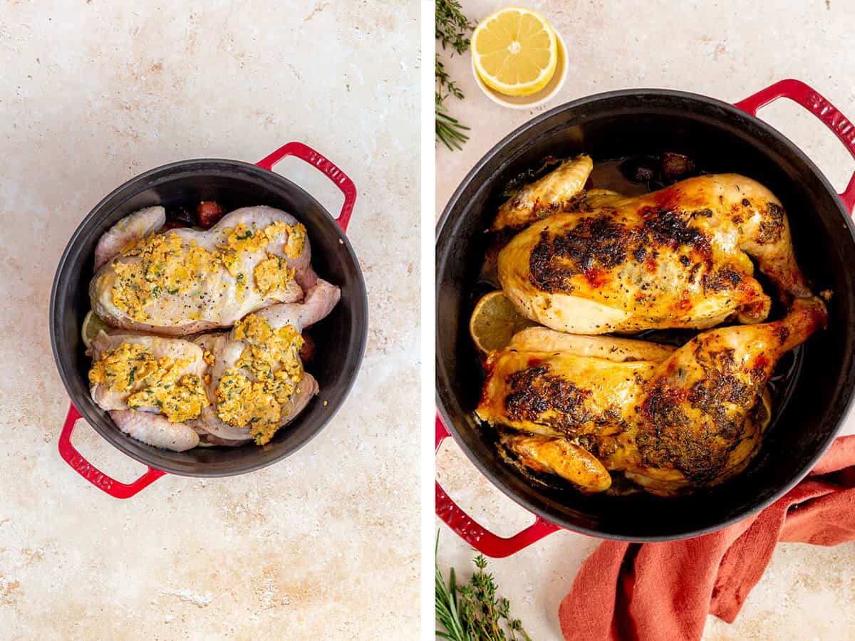 Set of two photos showing the chicken added on top of the lemon slices in the pot and roasted.