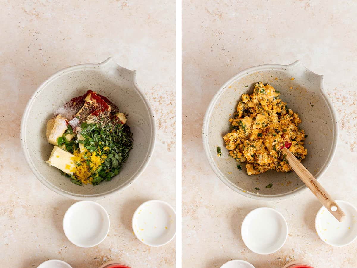Set of two photos showing butter mixed with seasoning and fresh herbs.