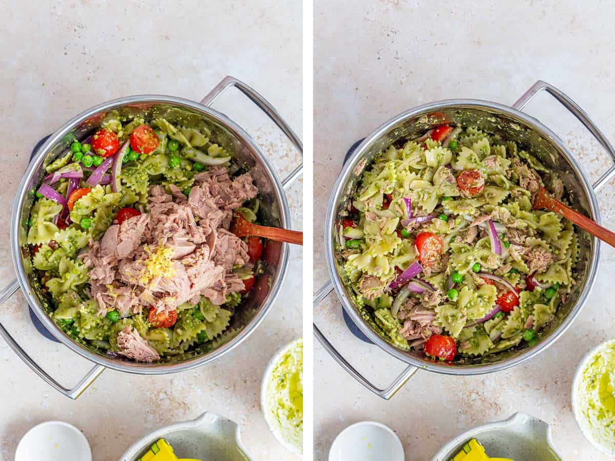 Set of two photos showing lemon zest and tuna added to the pot then mixed together.