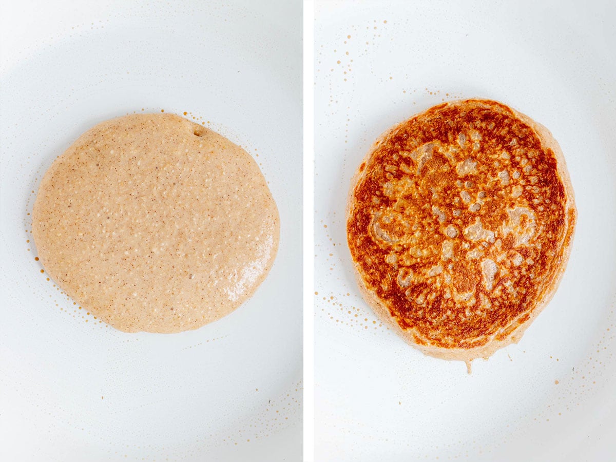 Set of two photos showing before and after pancake cooked in a non-stick skillet.