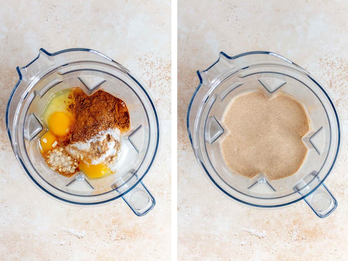 Set of two photos showing rolled oats, cottage cheese, cinnamon, milk, eggs, and salt added to a blender and blended until smooth.